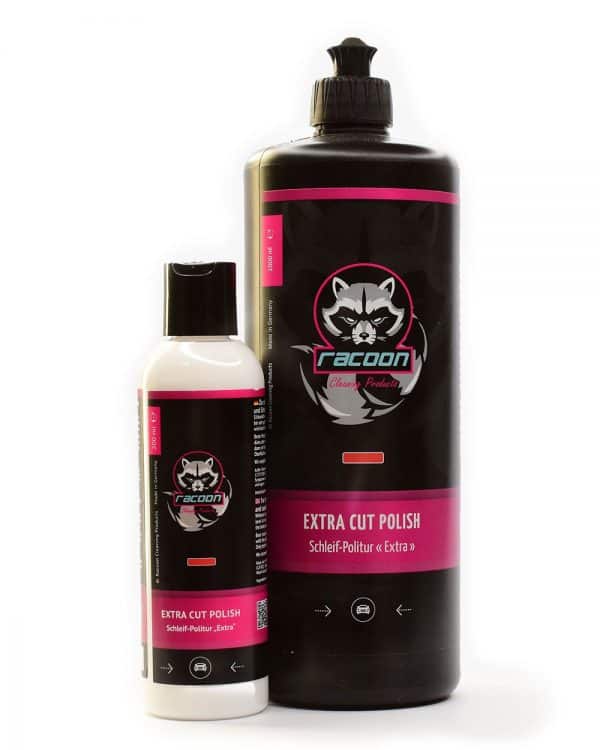 Leštiaca pasta hrubá Extra cut polish v dvoch fľašiach rôznej veľkosti s logom autokozmetiky Racoon Cleaning Products