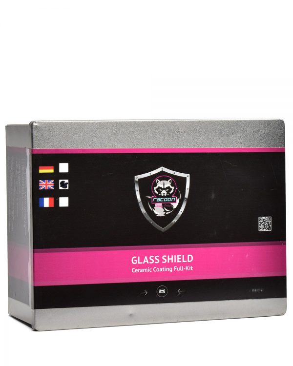 Plechová krabička obsahujúca set keramickej ochrany na sklo s etiketou a logom autokozmetiky Racoon Cleaning Products