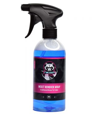 priehľadná fľaša s rozprašovačom obsahujúca prípravok odstraňovač hmyzu na matné laky modrej farby pre exteriér vozidla, s výrazným logom Racoon Cleaning Products