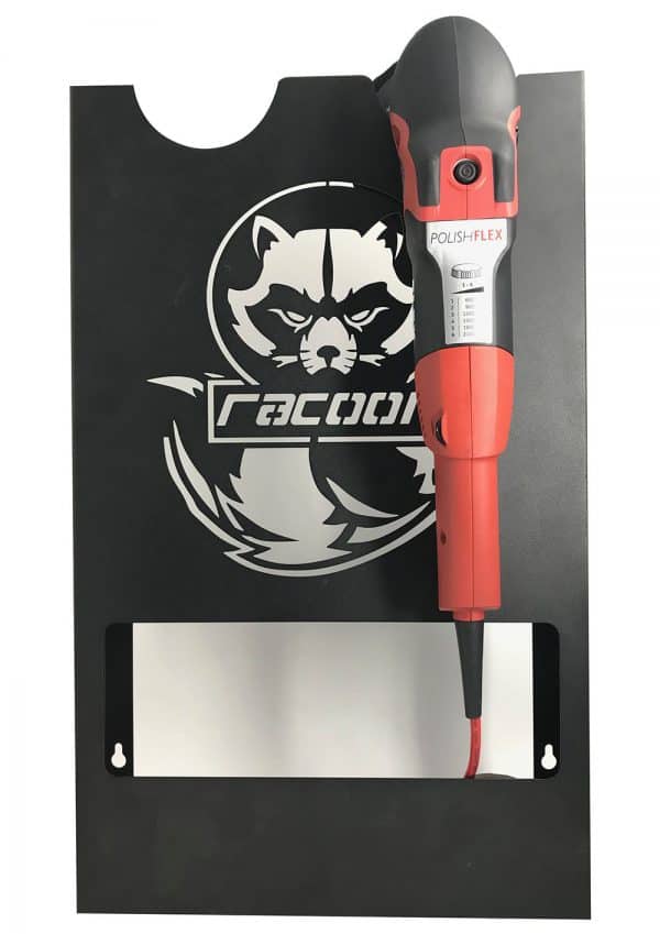 plechový držiak čiernej farby s vypáleným logom Racoon Cleaning products na dve leštičky a leštiška Flex