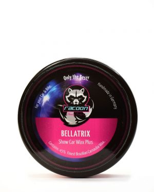 okruhlá čierna tuba obsahujúca tuhý tvrdý autovosk na lak automobilu bellatrix, obsahujúci 45% pravého karnaubskeho vosku najvyššej kvality T1 s logom autokozmetiky Racoon Cleaning Products