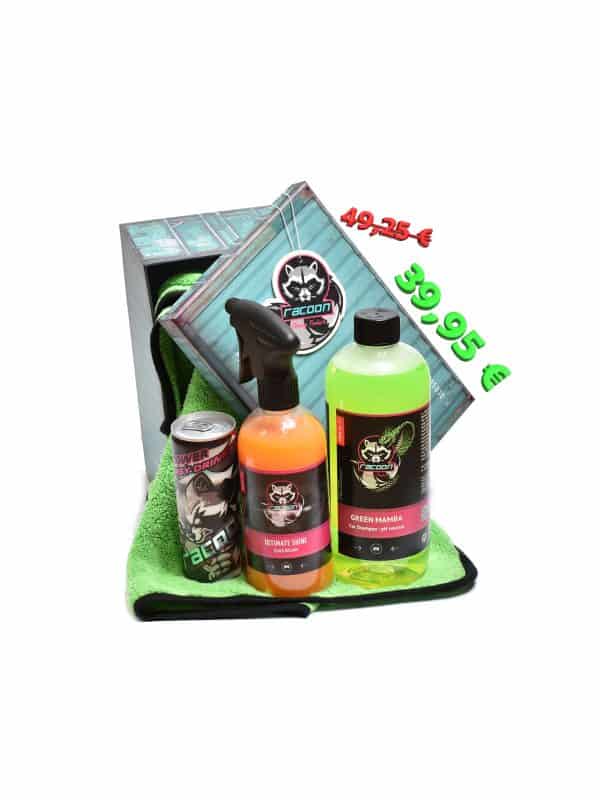 darčeková krabička ako set produktov autokozmetiky Racoon Cleaning Products, Zelená sušiaca utierka Racoon, priehľadné fľaše s produktmi, zelený autošampón Green Mamba, oranžový Ultimate Shine, energetický nápoj Racoon a Závesná vôňa Racoon