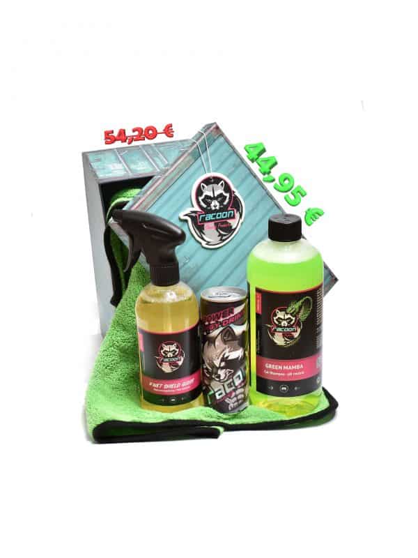 darčeková krabička ako set produktov autokozmetiky Racoon Cleaning Products, Zelená sušiaca utierka Racoon, priehľadné fľaše s produktmi, zelený autošampón Green Mamba, žltočíry tekutý vosk Wet Shiled gloss, energetický nápoj Racoon a Závesná vôňa Racoon