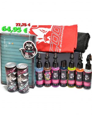 darčeková krabička a štartovací set produktov pre profi aj hobby umývanie automobilu, červené tričko racoon, čierna mikrovláknová utierka, dva energetické nápoje Racoon, závesná vôňa racoon a set produktov starostlivosti o automobil Racoon Cleaning Products