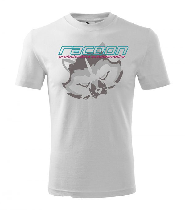 biele tričko s logom racoon a vertikálnym nápisom