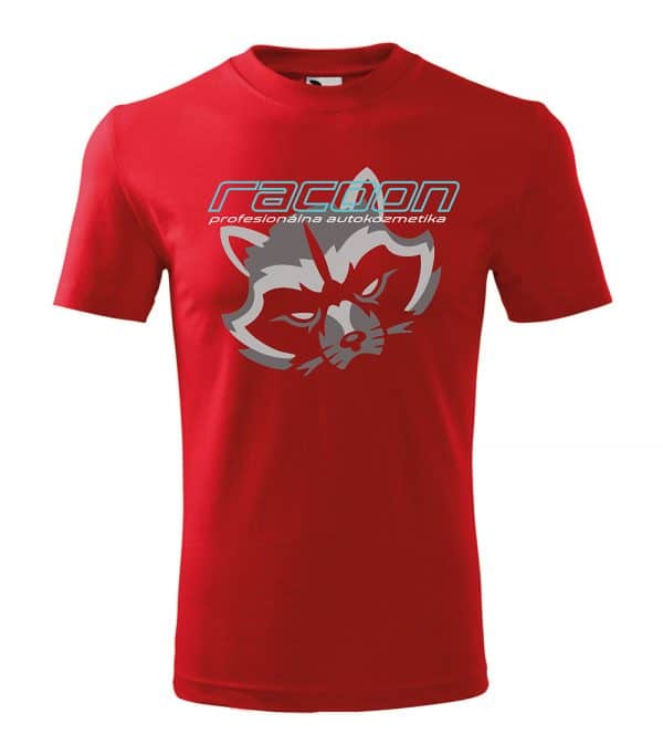 červené tričko s logom racoon a horizontálnym nápisom
