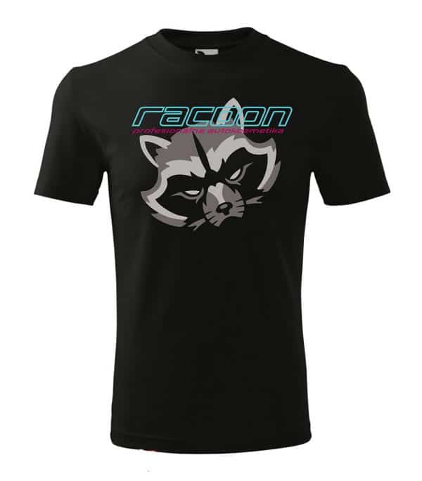 čierne tričko s logom racoon a horizontálnym nápisom