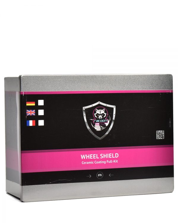 Plechová krabička obsahujúca set keramickej ochrany na kolesá s etiketou a logom autokozmetiky Racoon Cleaning Products
